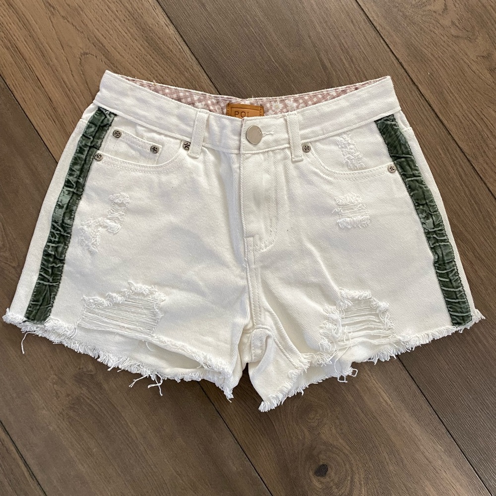 POL White Distressed Denim Shorts With Green Velvet Stripe | Small | NWT